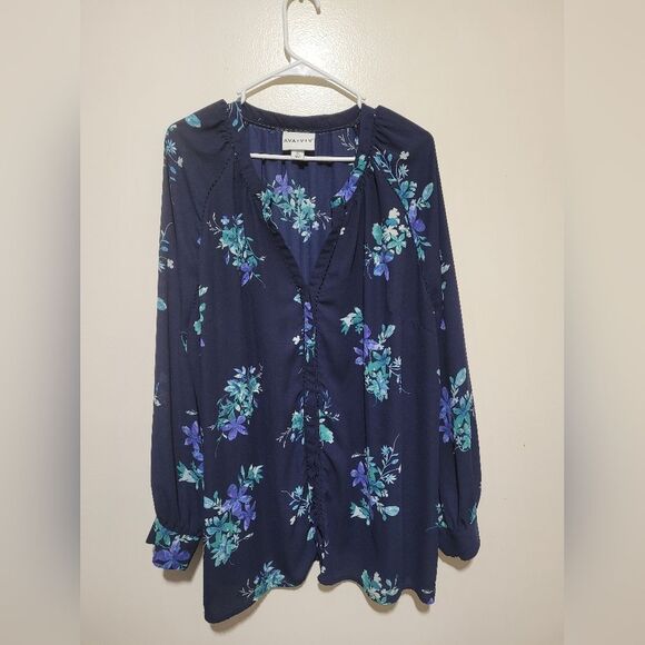 Ava & Viv Womans Blue Floral 3x Blouse - Picture 1 of 3